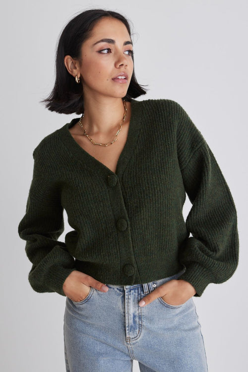 Wholesome Dark Khaki Chunky Blousen Sleeve Cropped Cardigan WW Knitwear Among the Brave   