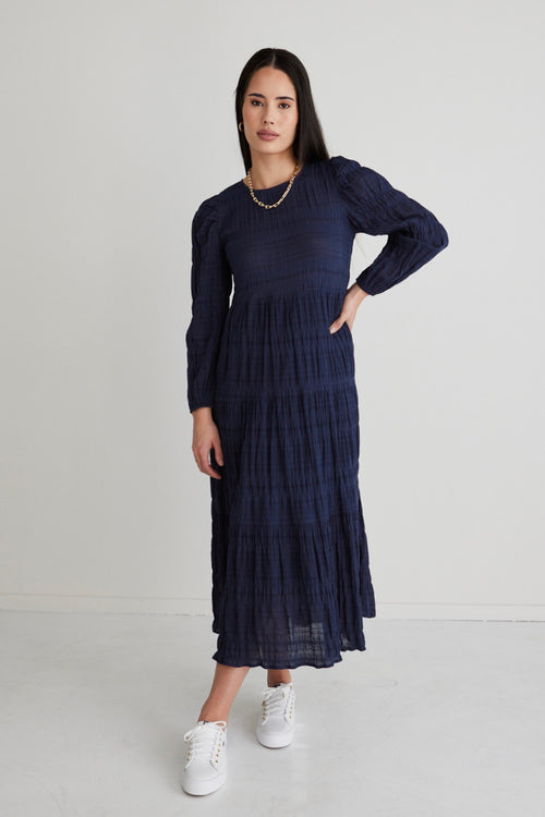 Gigi Navy Shirred Cotton LS Tiered Maxi Dress WW Dress Ivy + Jack   