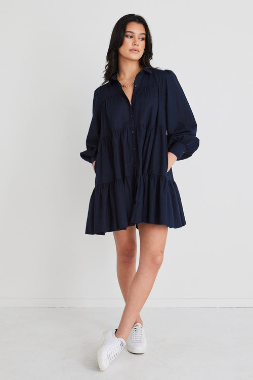 Valley Navy Linen Blend Shirt Style Tiered Mini Dress WW Dress Ivy + Jack   