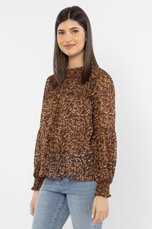 Dancing Bronze Floral Shirred LS Top WW Top Seeking Lola   