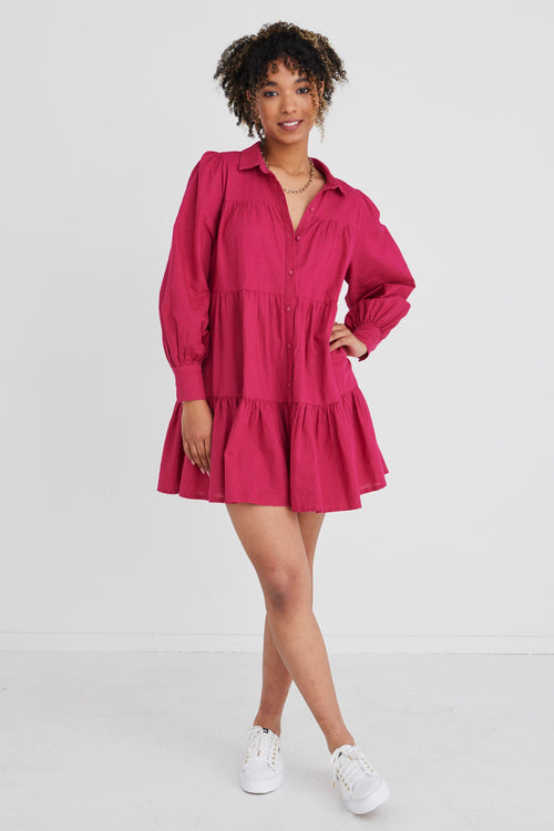 Valley Raspberry Ls Shirt Style Tiered Mini Dress WW Dress Ivy + Jack   