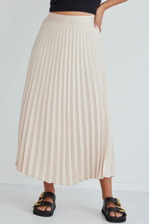 Luminescent Champagne Satin Pleated Midi Skirt WW Skirt By Rosa.   