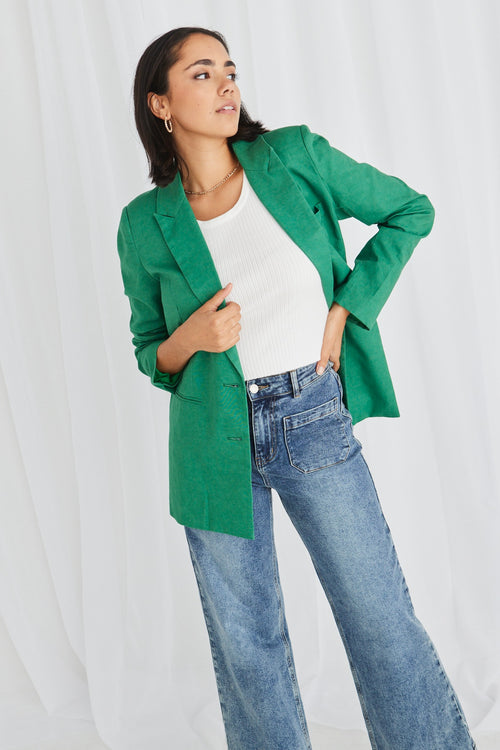 Demi Palm Green Linen Single Breasted Longline Blazer WW Blazer Stories be Told   