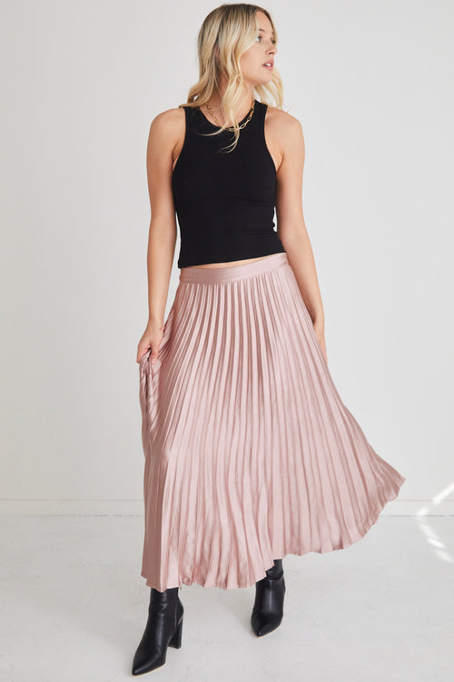 Luminescent Blush Satin Pleated Midi Skirt WW Skirt By Rosa.   