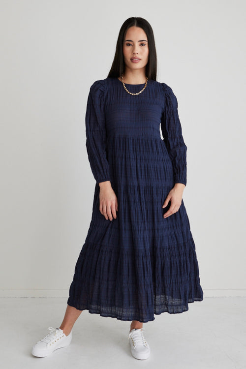 Gigi Navy Shirred Cotton LS Tiered Maxi Dress WW Dress Ivy + Jack   