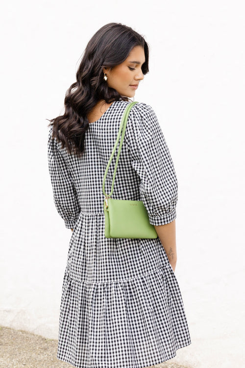 Anytime Black Gingham Tie Back Ss Puff Sleeve Tiered Mini Dress WW Dress Among the Brave   