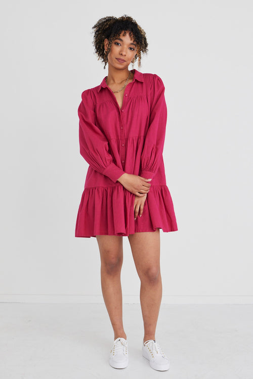 Valley Raspberry Ls Shirt Style Tiered Mini Dress WW Dress Ivy + Jack   