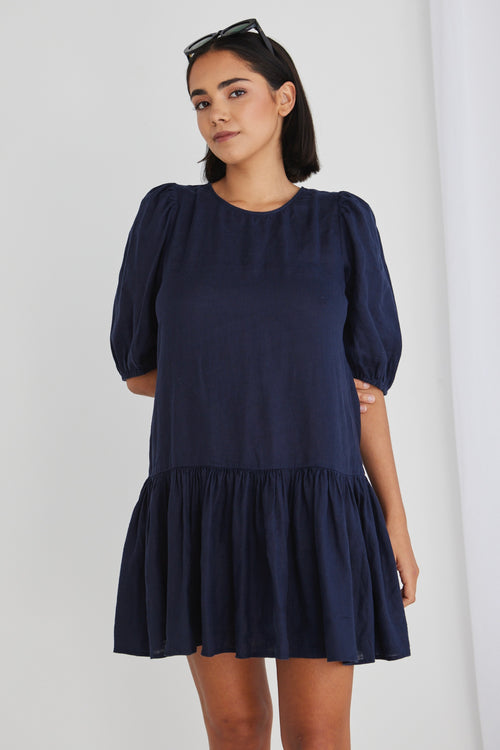 Emelia Navy Linen Dropped Waist SS Mini Dress WW Dress Ivy + Jack   