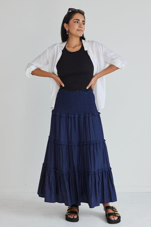 Soaring High Navy Washer Satin Shirred Waist Tiered Maxi Skirt WW Skirt Among the Brave   