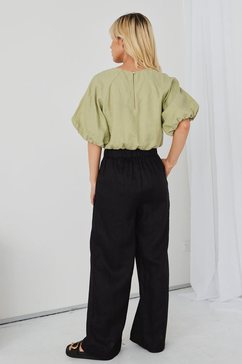 Resort Black Linen Wide Leg Elastic Waist Pant WW Pants RE:Union   