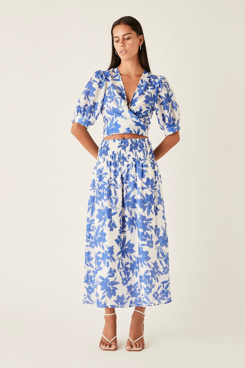 Santorini Blue Floral Midi Skirt WW Skirt Esmaee   