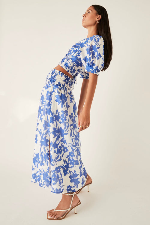 Santorini Blue Floral Midi Skirt WW Skirt Esmaee   