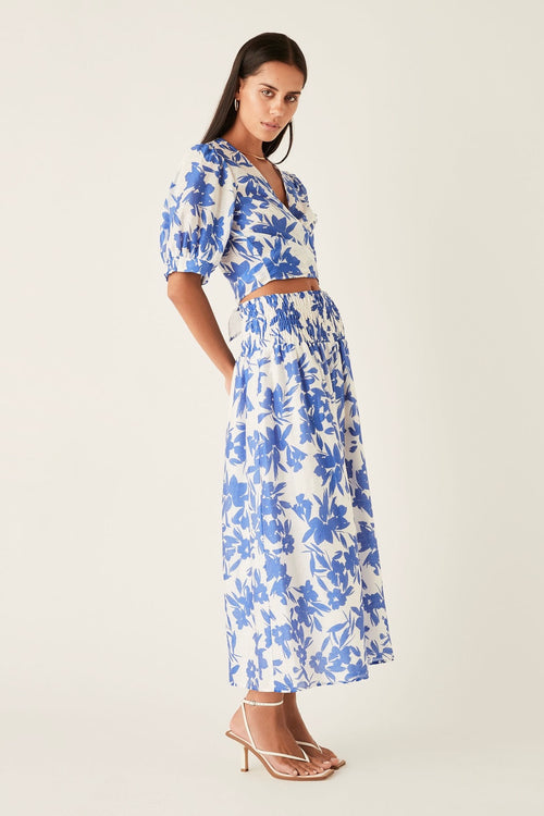 Santorini Blue Floral Midi Skirt WW Skirt Esmaee   