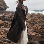 model wears a brown coat