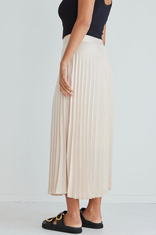 Luminescent Champagne Satin Pleated Midi Skirt WW Skirt By Rosa.   