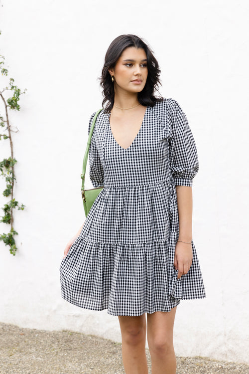 Anytime Black Gingham Tie Back Ss Puff Sleeve Tiered Mini Dress WW Dress Among the Brave   