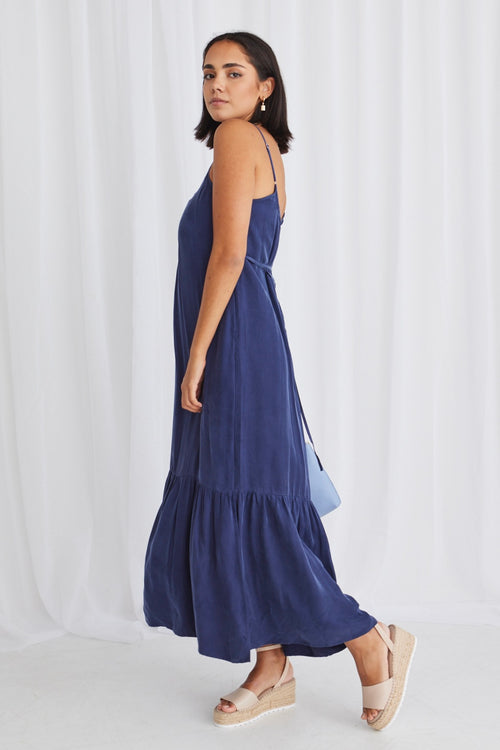 All Day Blue Cupro Strappy Tiered Empire Midi Dress WW Dress Stories be Told   