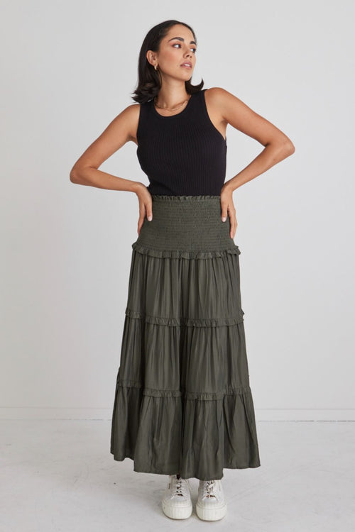 Soaring High Dark Khaki Satin Shirred Waist Tiered Midi Skirt WW Skirt Among the Brave   