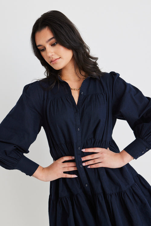 Valley Navy Linen Blend Shirt Style Tiered Mini Dress WW Dress Ivy + Jack   