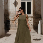 Easygoing Khaki Linen Blend Sleeveless Crew Neck Midi Dress
