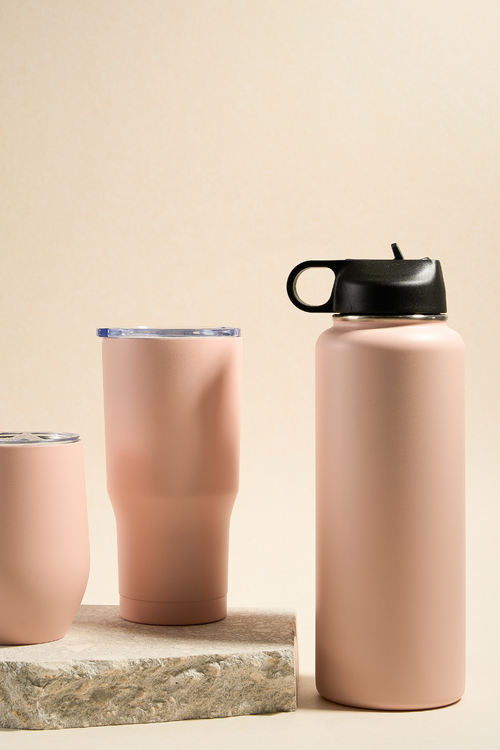 pink keep cups and water bottle