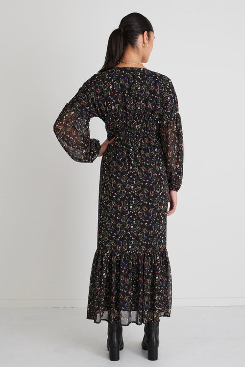 Chelsea Black Garden Ls Button Front Waisted Maxi Dress WW Dress Ivy + Jack   