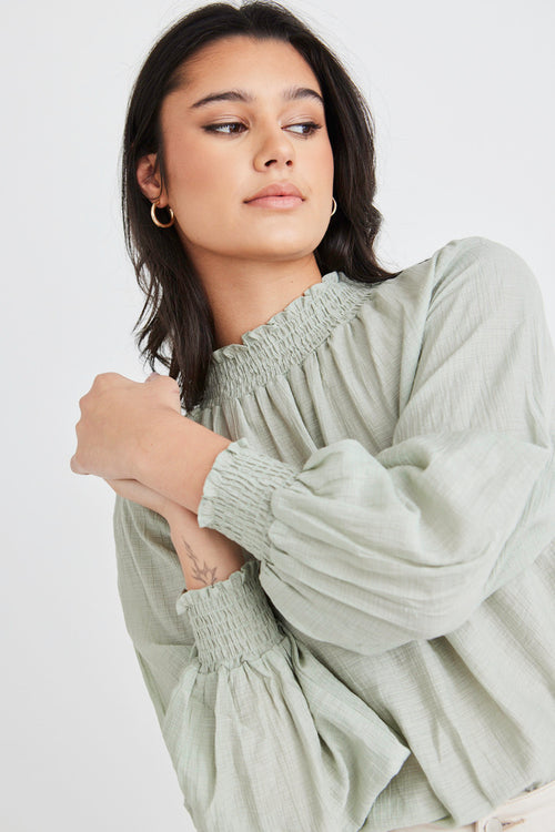 Embrace Sage Crinkle LS High Neck Shirred Puff Sleeve Top WW Top Among the Brave   