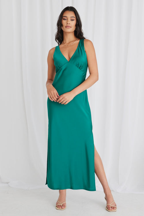 Mable Ocean Green Satin Sleeveless Empire Tie Back Maxi Dress WW Dress Among the Brave   