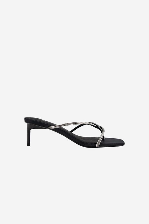 Chrissy Black Crystal Thin Strap Mule Heel ACC Shoes - Heels Solsana   