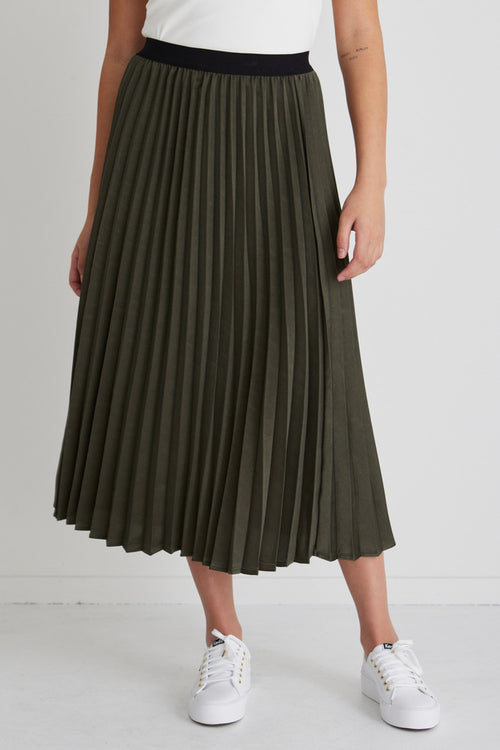 Radiant Moss Washer Satin Pleated Midi Skirt WW Skirt Ivy + Jack   