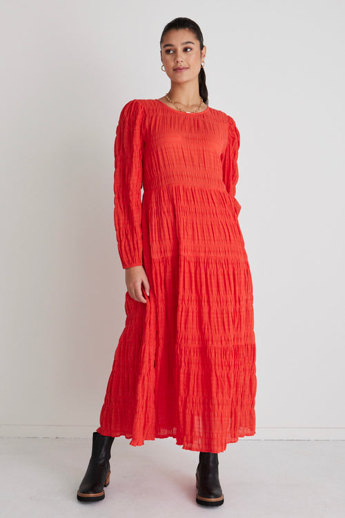 Gigi Blood Orange Shirred Cotton Ls Tiered Maxi Dress WW Dress Ivy + Jack   