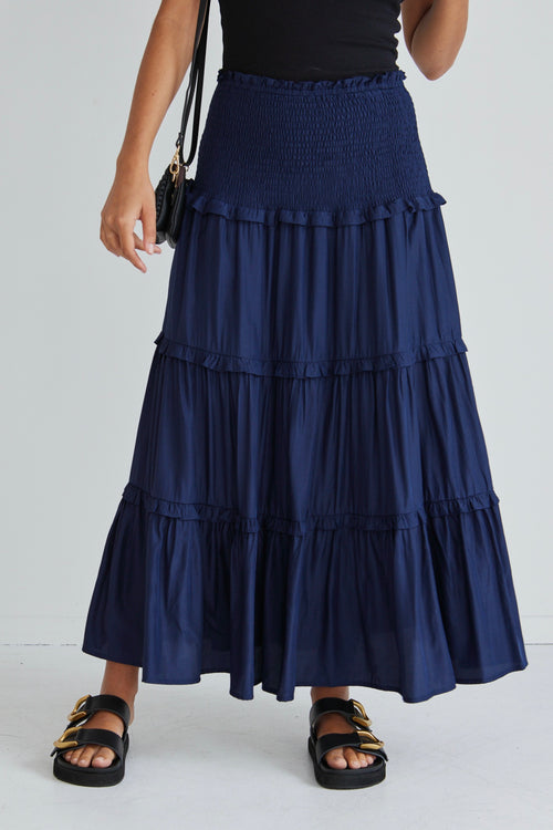 Soaring High Navy Washer Satin Shirred Waist Tiered Maxi Skirt WW Skirt Among the Brave   