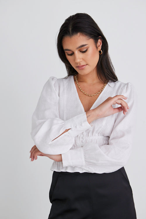 Fabled White Linen LS Shirred Waist Top WW Top Stories be Told   