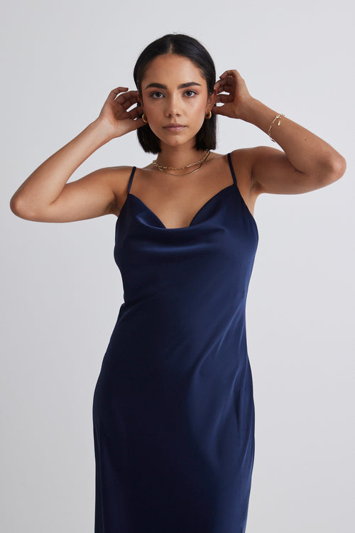 Show Stopper Navy Satin Strappy Midi Dress WW Dress Among the Brave   