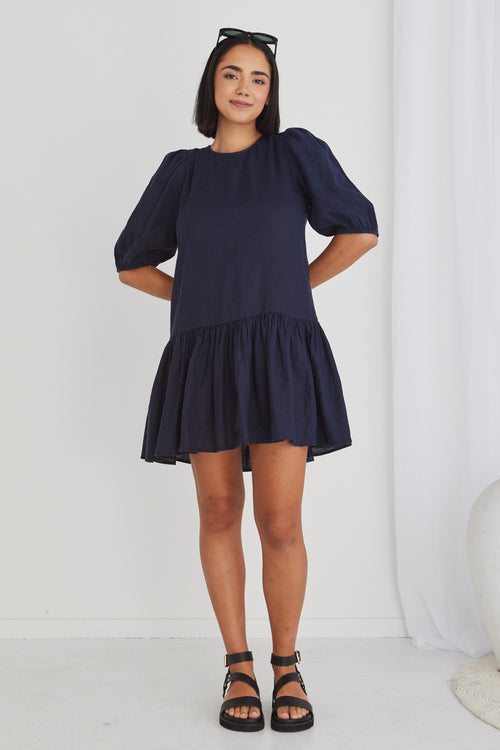 Emelia Navy Linen Dropped Waist SS Mini Dress WW Dress Ivy + Jack   