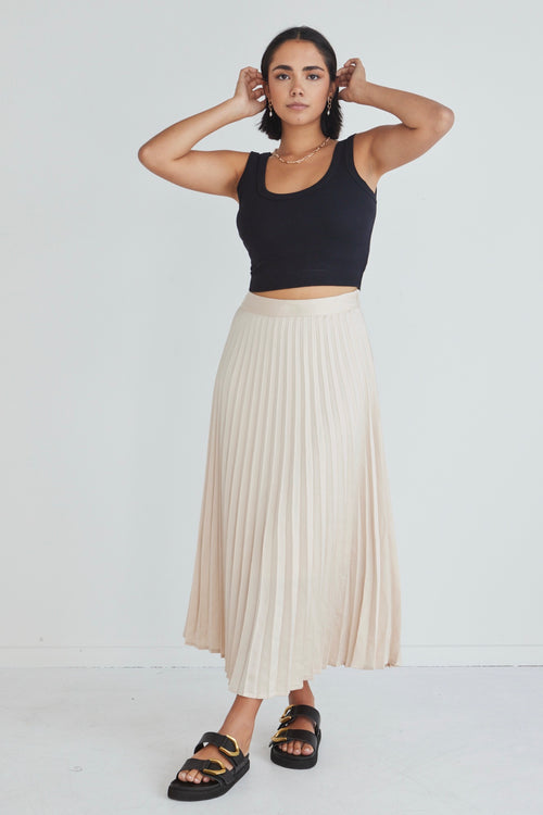 Luminescent Champagne Satin Pleated Midi Skirt WW Skirt By Rosa.   