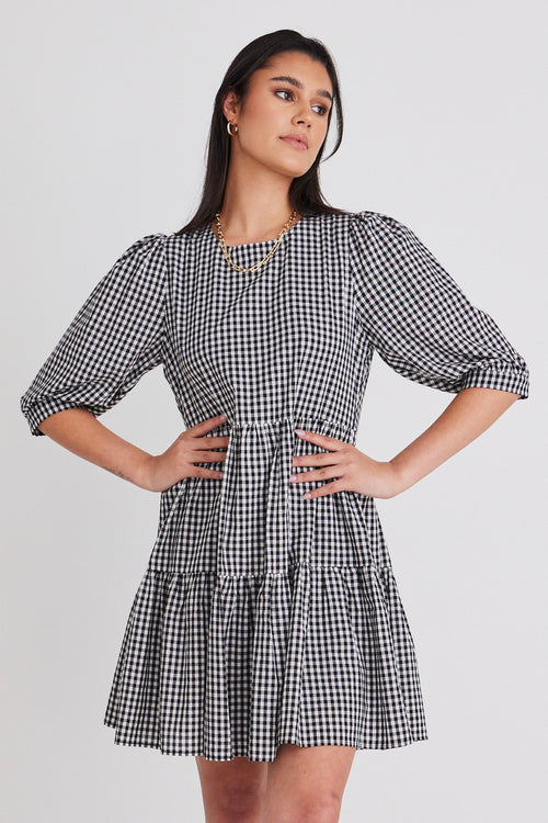 Anytime Black Gingham Tie Back Ss Puff Sleeve Tiered Mini Dress WW Dress Among the Brave   