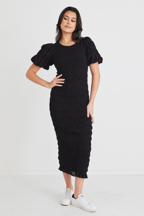 Jade Black Shirred Cotton Puff Sleeve Ruched Maxi Dress WW Dress Ivy + Jack   