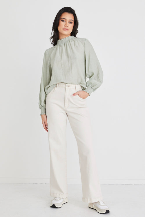 Embrace Sage Crinkle LS High Neck Shirred Puff Sleeve Top WW Top Among the Brave   