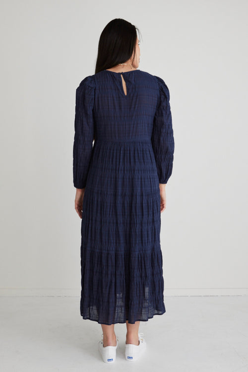 Gigi Navy Shirred Cotton LS Tiered Maxi Dress WW Dress Ivy + Jack   