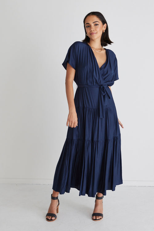 Sunset Navy Tiered Satin Maxi Kimono Dress WW Dress Among the Brave   