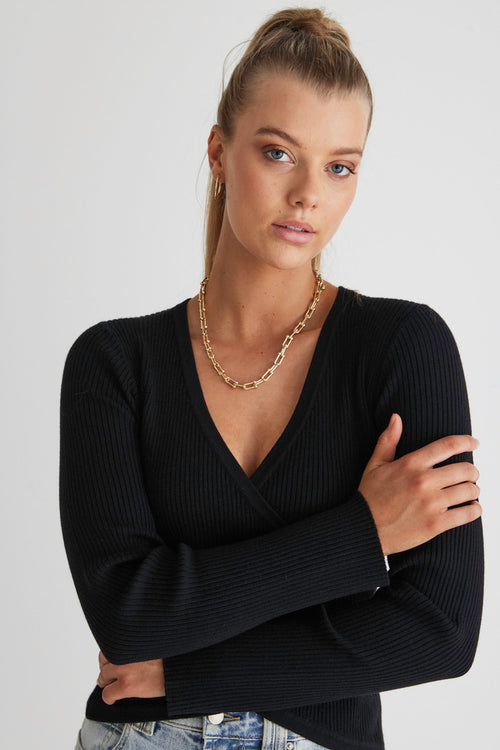 Criss-Cross Black Wrap Rib Knit Top WW Top Georgia Mae   