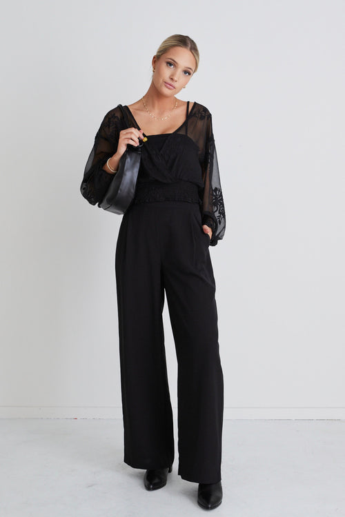 Nightfall Black Embroidered Sheer Cropped Ls top WW Top Ivy + Jack   