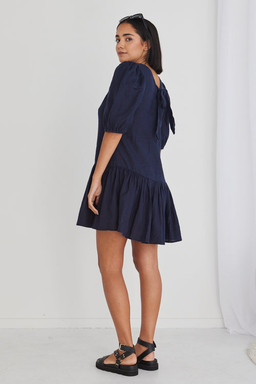 Emelia Navy Linen Dropped Waist SS Mini Dress WW Dress Ivy + Jack   