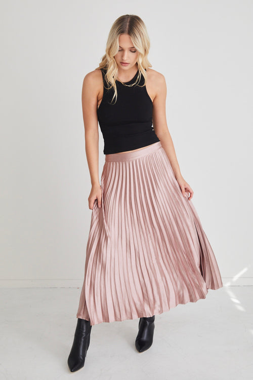 Luminescent Blush Satin Pleated Midi Skirt WW Skirt By Rosa.   