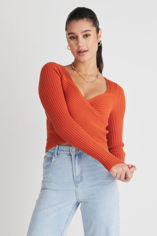 Criss-Cross Orange Wrap Rib Knit Top WW Top Georgia Mae   