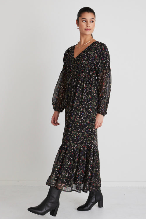 Chelsea Black Garden Ls Button Front Waisted Maxi Dress WW Dress Ivy + Jack   