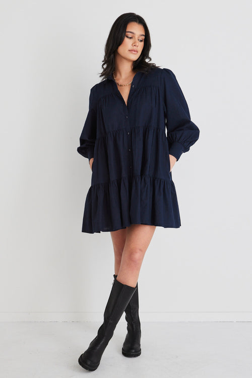 Valley Navy Linen Blend Shirt Style Tiered Mini Dress WW Dress Ivy + Jack   