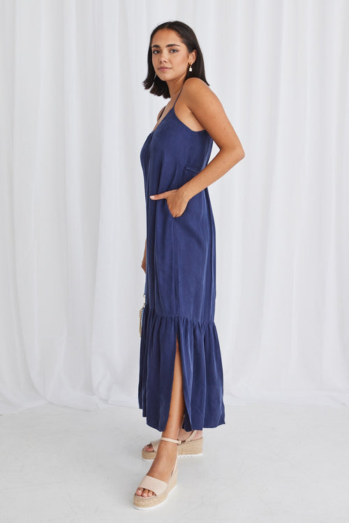 All Day Blue Cupro Strappy Tiered Empire Midi Dress WW Dress Stories be Told   