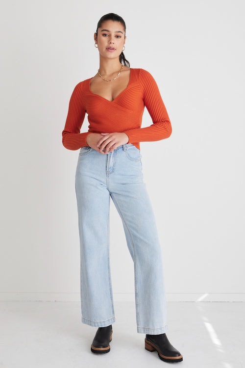 Criss-Cross Orange Wrap Rib Knit Top WW Top Georgia Mae   